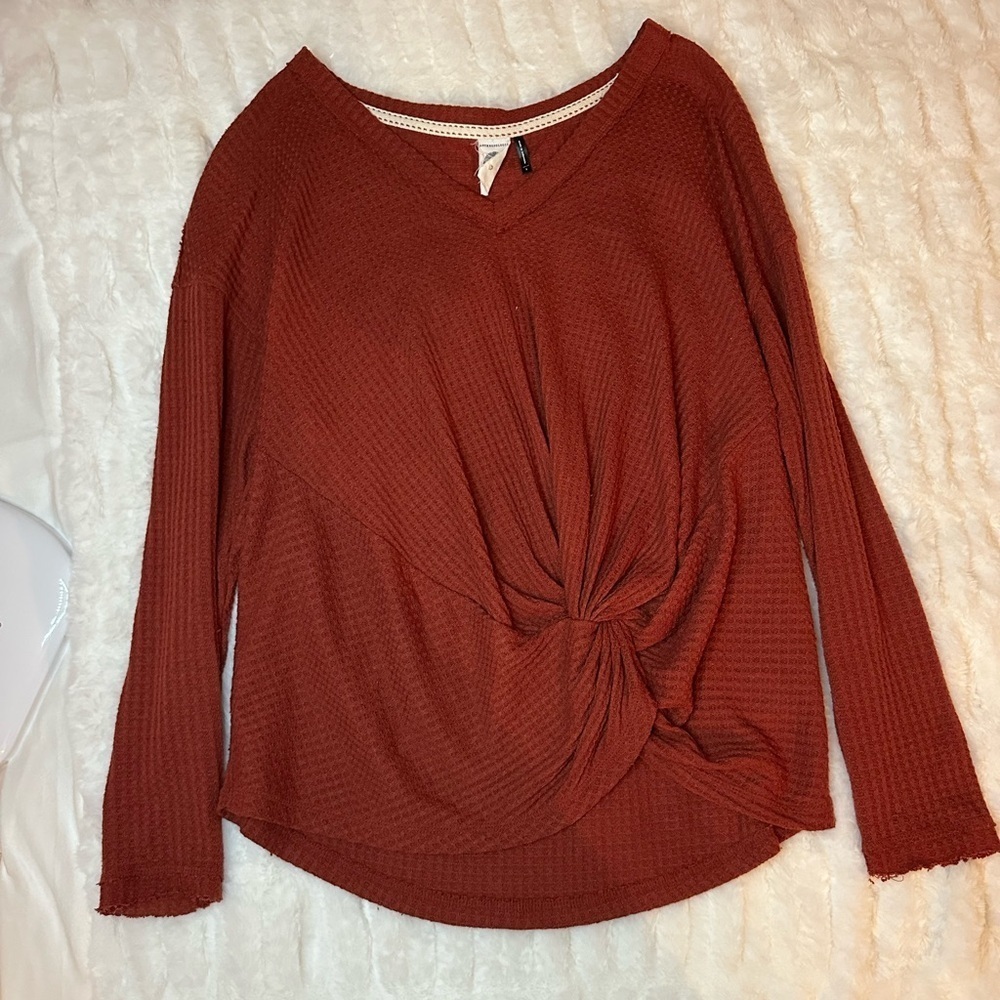 Anthropologie Akemi + Kin Rust Knotted Thermal Waffle Knit V-Neck Top Size S - Picture 4 of 8